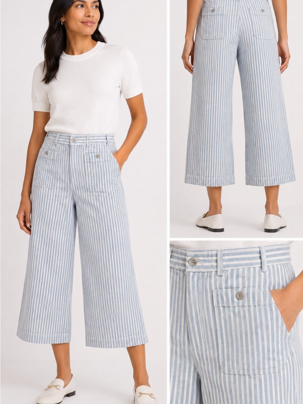 Striped Wide-Leg Cropped Pants - Light Blue / White